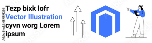 Abstract hexagonal shape and ascending arrows reflect innovation, while a person observes results. Ideal for strategy, entrepreneurship, progress, marketing, data analysis, technology, simple landing