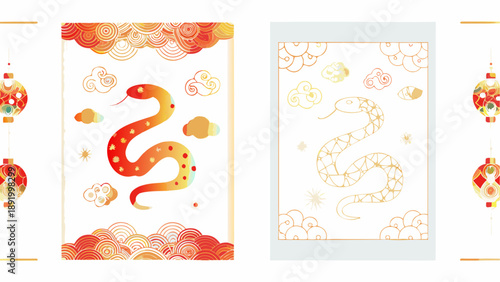 Vibrant snake illustrations in modern Chinese style designs