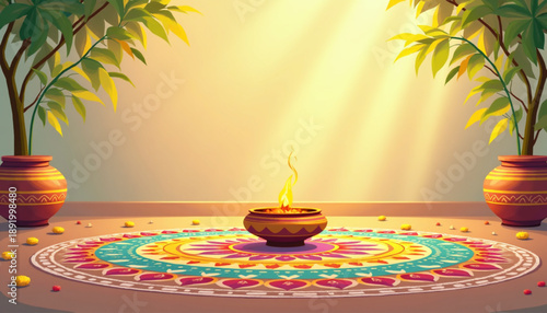 Pongal Festival Kolam Rangoli Decorative Flat Vector Illustration