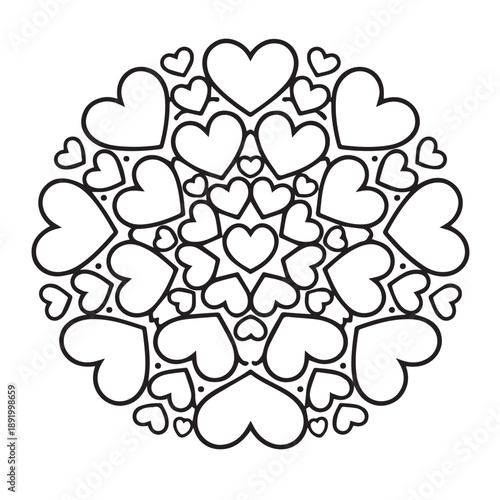 Vector illustration featuring many heart icons arranged in a circular shape, designed with clean lines and balanced spacing to symbolize love, unity, harmony, and endless affection.