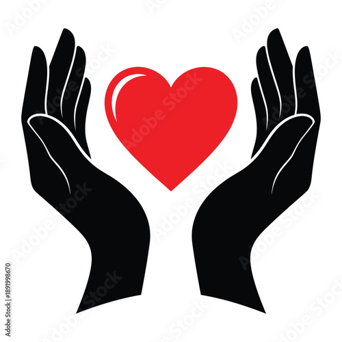 Caring hands cradling a vibrant red heart symbol