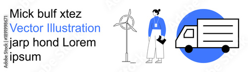 Renewable energy, logistics, eco-friendly transport, wind power, sustainability, delivery services. Person near a wind turbine and truck. Renewable energy and eco-friendly transport concept