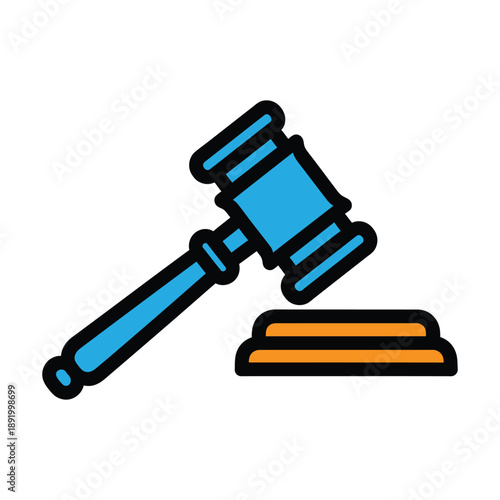 A blue cartoon gavel and sound block icon on a white background