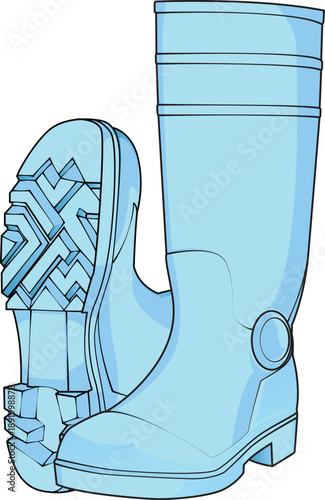 Pastel blue wellington rubber boots isolated on white background. Cute waterproof footwear for little boys or baby fashion. Trendy rainy season shoes with tread sole view.