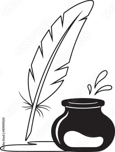 Vintage Quill Pen and Inkwell, Classic Literature Symbol, Traditional Writing and Poetry Concept, Flat Cartoon Illustration Style