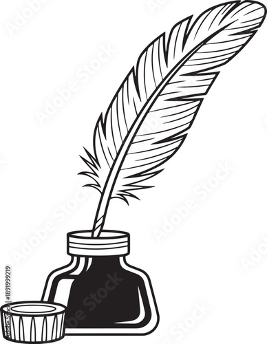 Vintage Quill Pen and Inkwell, Classic Literature Symbol, Traditional Writing and Poetry Concept, Flat Cartoon Illustration Style