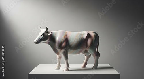 Artistic ceramic cow figurine with pastel colors, a decorative sculpture on a white pedestal, spotlighted against a grey background.