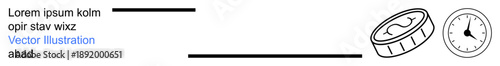 Financial planning, time management, saving money, budgeting, wealth growth, economic strategy. Outlined coin and clock. Financial planning and time management concept