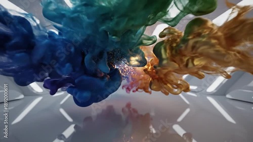 Wallpaper Mural Colorful Ink Cloud in Futuristic White Corridor Torontodigital.ca