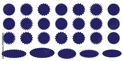Set of black star burst shape tags for price. Circle sticker. Wavy edge promo badges. Blank sale stickers collection. Design elements of Price sticker, sale sticker, starburst, quality mark, retro