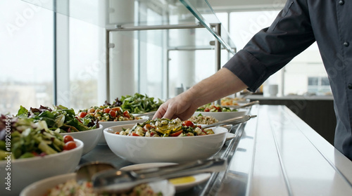 Man Serving Fresh, Healthy Food at a Bright Modern Cafeteria Buffet Line with Large Windows