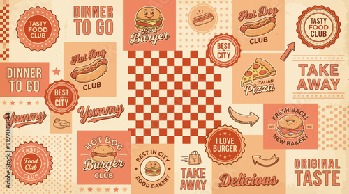 Vintage diner signage collage with retro badges, checkered patterns, and classic American eatery motifs for nostalgic branding and decor.