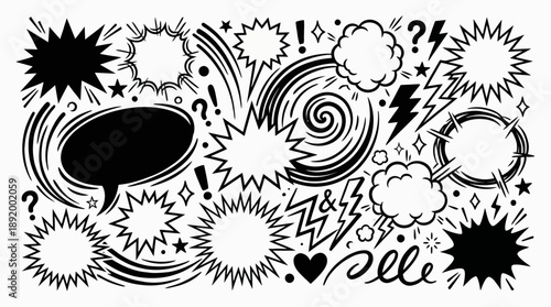 Dynamic black-and-white comic collage featuring speech bubbles, starbursts, and onomatopoeia for bold graphic storytelling and energetic visual impact