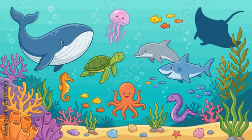 Vibrant cartoon underwater reef scene with diverse marine life including whales, dolphins, sharks, turtles, jellyfish, octopus, manta rays, colorful coral and swaying seaweed