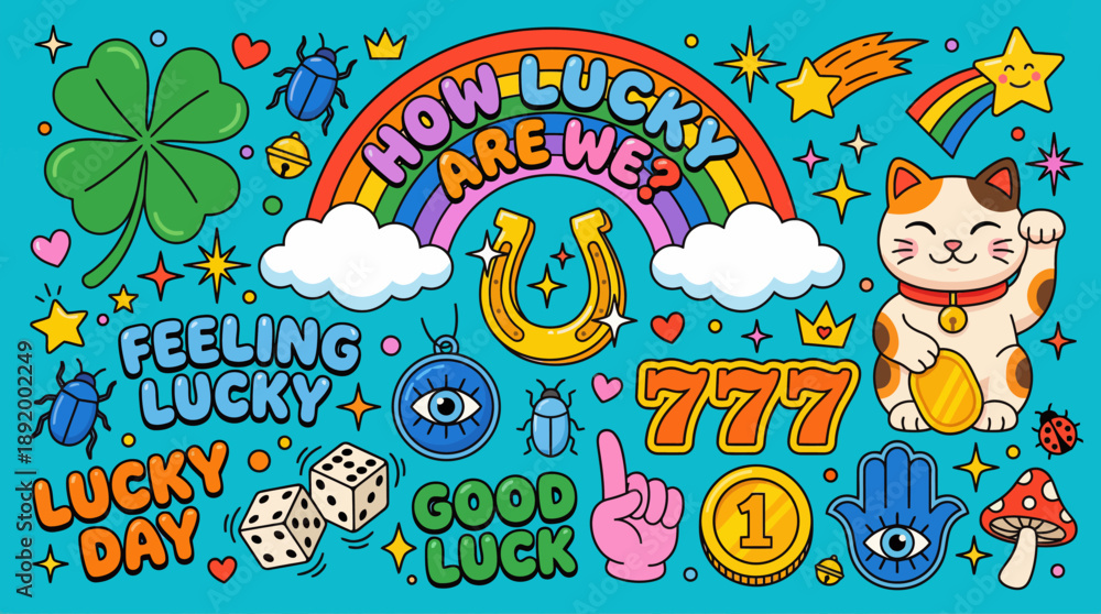 Naklejka premium Vibrant Lucky Theme Illustration with Rainbow, Shamrocks, Coins, and Maneki-Neko Cat for Good Fortune