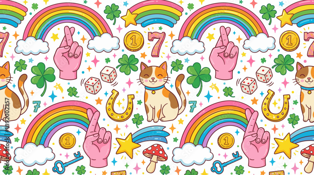 Obraz premium Whimsical colorful cats, rainbows, clouds and lucky symbols repeating seamless pattern for textiles, kids decor, fabrics and crafts