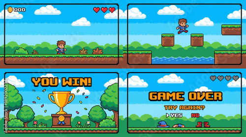 Retro pixel platformer montage featuring a heroic sprite navigating pipe obstacles through vibrant side-scrolling levels, with You Win and Game Over screens