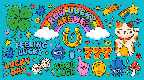 Vibrant Lucky Theme Illustration with Rainbow, Shamrocks, Coins, and Maneki-Neko Cat for Good Fortune