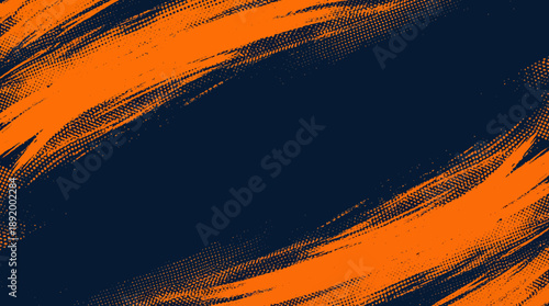 Abstract navy blue background with vivid orange diagonal brushstrokes creating bold motion and high-contrast composition.