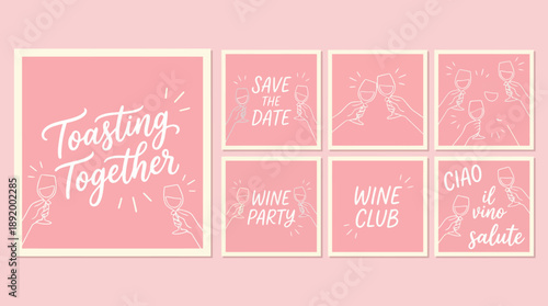Toasting Together Pink Invitation Suite: Save the Date, Wine Party, and Wine Club Cards for Celebrations