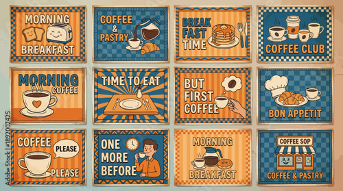 Retro coffee-themed collage featuring vintage cards with morning coffee quotes and illustrated cups
