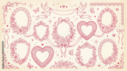 Vintage pink ornamental frame collection with hearts, bows and floral borders on a delicate lace-like background