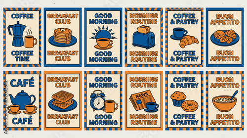 Collage of cafe and coffee shop signs with coffee time, breakfast club, good morning, brunch and bakery vibes