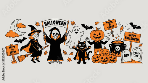 Whimsical Halloween Parade Scene with Witches, Pumpkins, Ghosts, and a Black Cat on a Moonlit Street