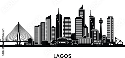 Detailed Lagos city skyline silhouette with Ikoyi Link Bridge and NECOM House for Nigeria travel and urban branding vector