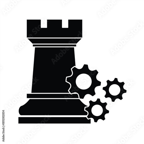 Chess icon of a rook with gears. Symbol of strategy, arrangement, rook, defense. Vector illustration