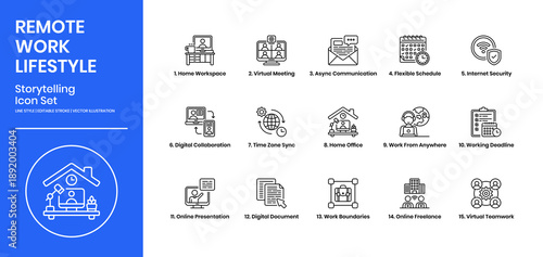 Remote Work Lifestyle Icons Set Line Style. Includes Virtual Meeting, Home Office, Online Presentation And More.