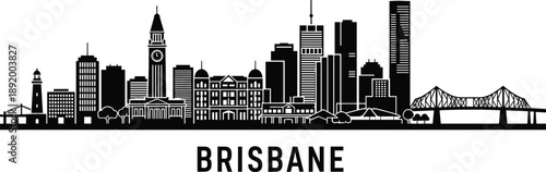 Black silhouette of Brisbane Australia skyline featuring the Story Bridge Skytower and historic City Hall landmarks vector illustration design