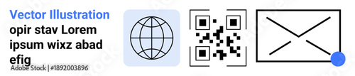 Global communication, technology, online messaging, email systems, QR scanning, digital networking. Globe, QR code and envelope with notification dot. Global communication and technology concept