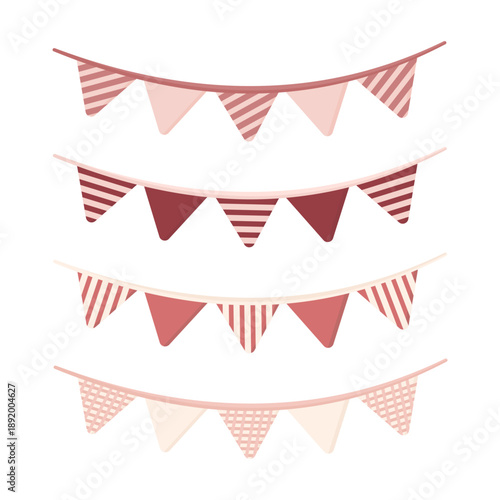 Soft pink hanging bunting flags with stripes, solid fills, and grid patterns, layered party garlands in warm pastel tones on a clean white background
