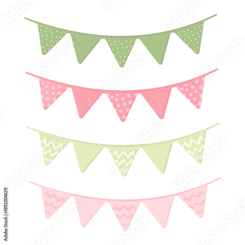 Pastel hanging bunting flags with polka dot, zigzag, and wave patterns, cute party decorations in soft green and pink tones on a clean white background