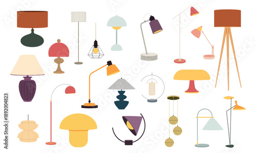 Set of modern table and floor lamps in flat vector style. Trendy interior lighting elements isolated on white background, perfect for home decor, interior design and furniture projects.
