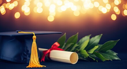 A blue graduation cap with a yellow tassel and a diploma with a red ribbon on a dark blue background with a bokeh effect of golden lights.