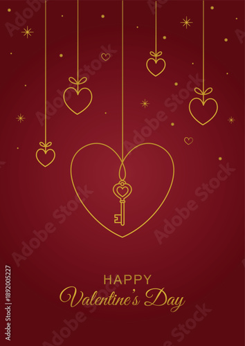 Luxury valentine's day greeting card, golden line art key in heart on deep red background, elegant romantic hanging ornaments, vector illustration with stars and calligraphy.