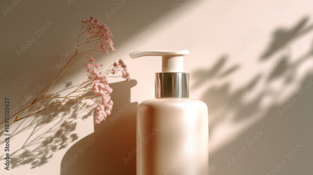 Naklejka premium Cream pump bottle with silver collar, soft natural light, pink dried flower, minimal style