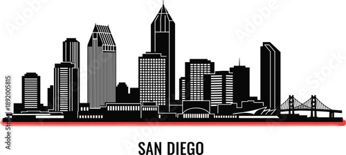 San Diego city skyline silhouette with One America Plaza and Coronado Bridge for California travel and urban branding vector