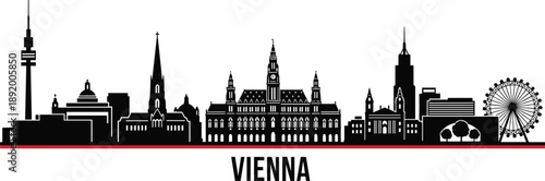 Vienna city skyline silhouette with St. Stephen's Cathedral and Riesenrad ferris wheel for Austria travel and urban branding vector
