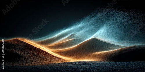 mystical sand dunes with glowing particles at night for digital art and nature photography
