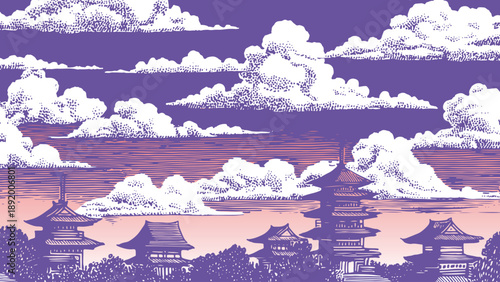 Dreamy Japanese-style cityscape with pagodas beneath a purple sky filled with stippled clouds. Hand-drawn illustration featuring a vintage Ukiyo-e aesthetic and sunset color palette.