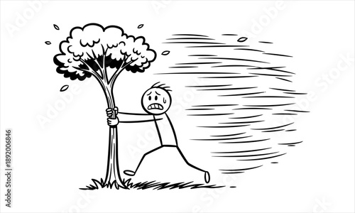 Struggling Stick Figure Bravely Faces Adversity, Holding Tight to a Tree Against Powerful Wind
