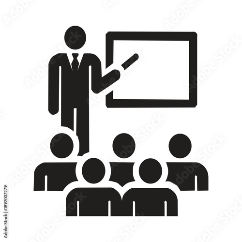 depicting a teacher icon teaching. The silhouette illustration generally depicts the figure of an educator at the front of the class, often standing next to a blackboard, holding a book, or pointing a