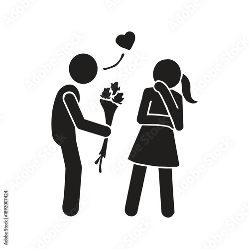 The icon image of a man giving flowers to a woman is a silhouette illustration which is a graphic visualization that symbolizes romance, affection, and attention.