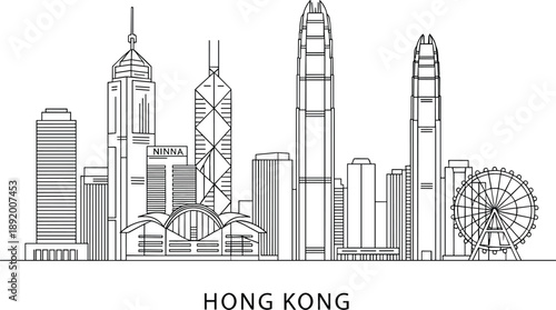 Minimalist Hong Kong skyline line art illustration with iconic skyscrapers and observation wheel for travel and urban branding vector