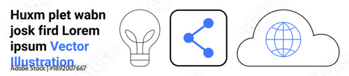 Technology, innovation, data sharing, global connectivity, cloud computing, communication networks. Minimalistic icons with a light bulb, cloud globe and share symbol. Technology and innovation