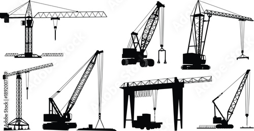 Construction crane silhouettes, tower crane, mobile crane, gantry crane, heavy machinery, lifting equipment, industrial engineering, building, vector