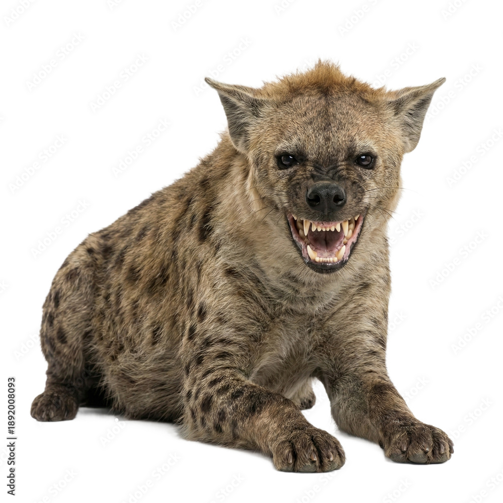 Fototapeta premium Snarling spotted hyena isolated on transparent background.